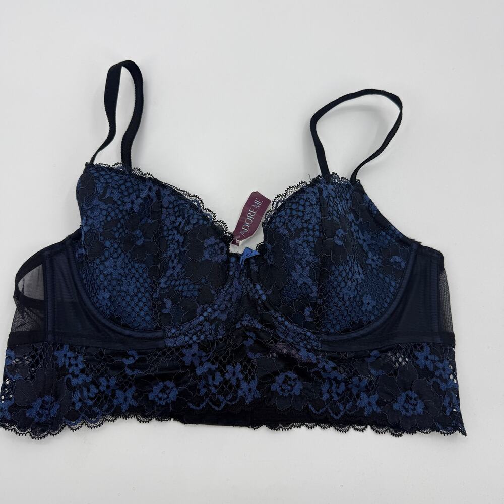 New ADORE ME Long Line Lace Sexy Bra Size 36C Blue Black Adjustable Underwire